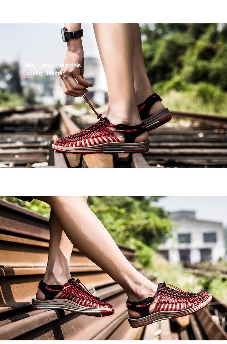 Stevvex men's red and black hand-woven espadrille sandals, non-slip sole, beach hiking footwear on Tampa Home & Garden Store