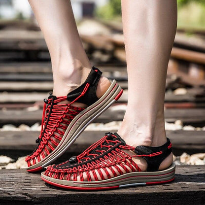 Men's Stevvex woven espadrille sandals, red and black lattice upper with beige sole on Tampa Home & Garden Store