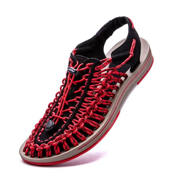 Stevvex men's hand-woven espadrille sandal with red-black upper and gray non-slip sole on Tampa Home & Garden Store
