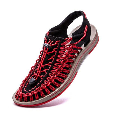 Stevvex men's hand-woven espadrille sandal with red-black upper and gray non-slip sole on Tampa Home & Garden Store
