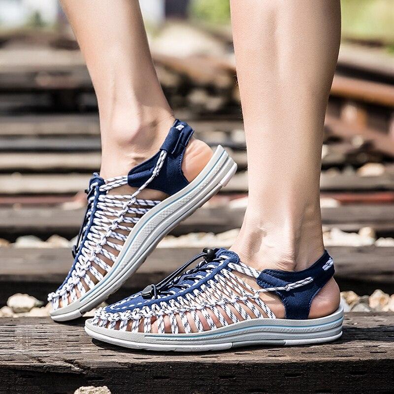 Men's Stevvex hand-woven espadrilles sandals, navy blue with white braided upper and back strap on Tampa Home & Garden Store