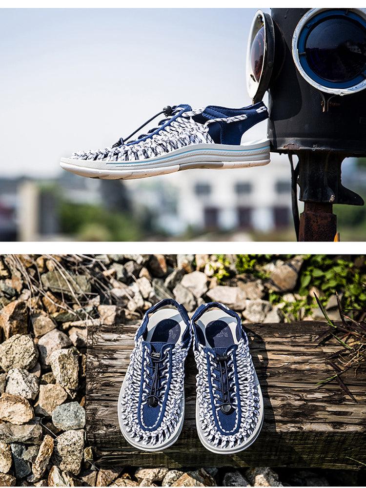Men's Stevvex hand-woven espadrilles pair in navy-white with braided upper and lace-up straps on Tampa Home & Garden Store