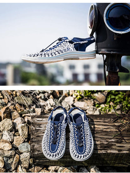 Men's Stevvex hand-woven espadrilles pair in navy-white with braided upper and lace-up straps on Tampa Home & Garden Store