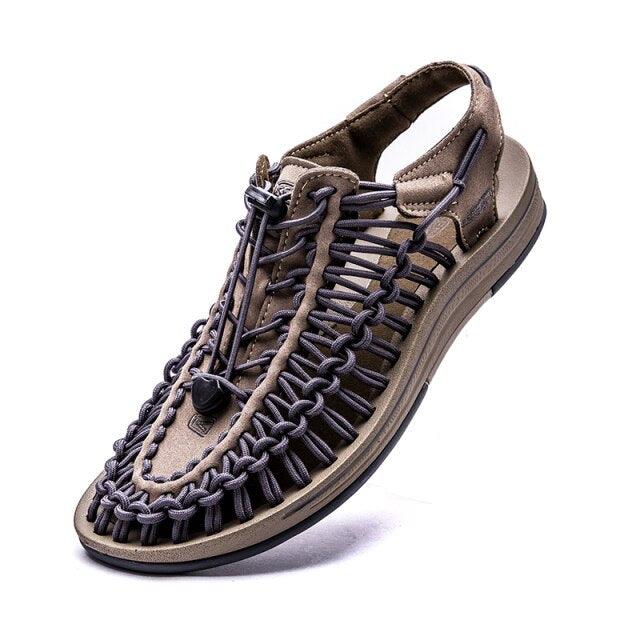 Stevvex men's hand-woven espadrille sandal tan brown with dark lacing non-slip sole on Tampa Home & Garden Store