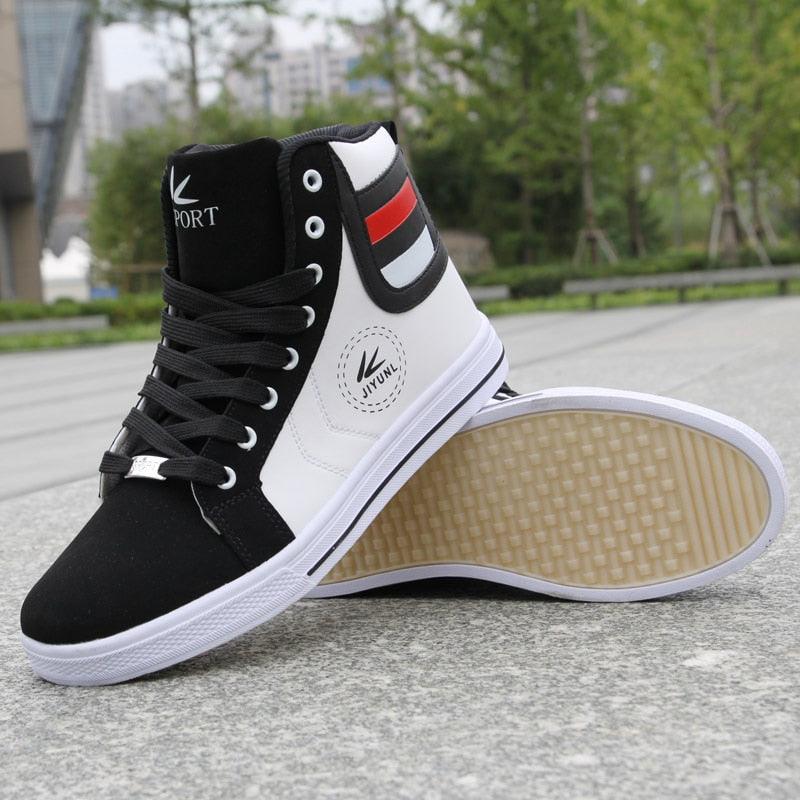 Men's breathable high top sneakers black and white with side circular logo patch and white sole on Tampa Home & Garden Store
