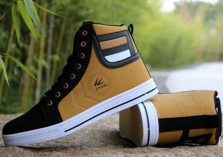 Stevvex men's breathable high-top sneakers pair in tan with black toe cap and white midsole on Tampa Home & Garden Store