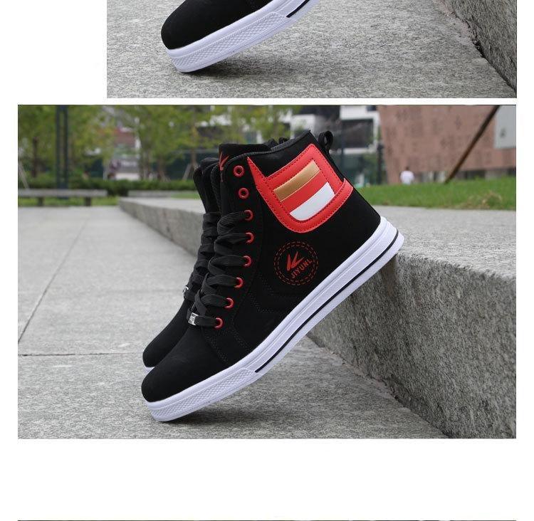 Stevvex men's breathable high-top casual sneakers black with red ankle patch and white sole on Tampa Home & Garden Store
