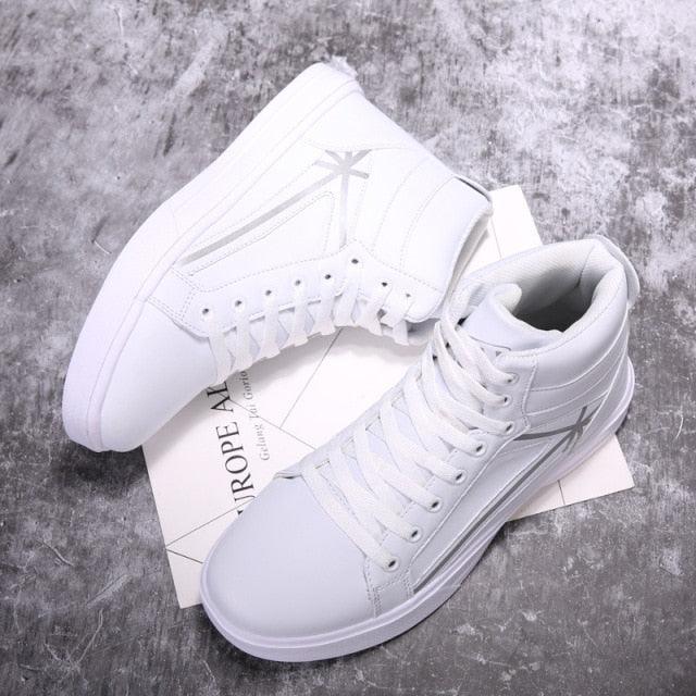 Men's breathable high-top sneakers by Stevvex, white pair with laces and side star logo on Tampa Home & Garden Store