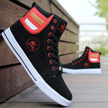 Men's Breathable High Top Casual Sneakers Stevvex, black with red accents, white sole ST85SH6656MKJ pair on Tampa Home & Garden Store