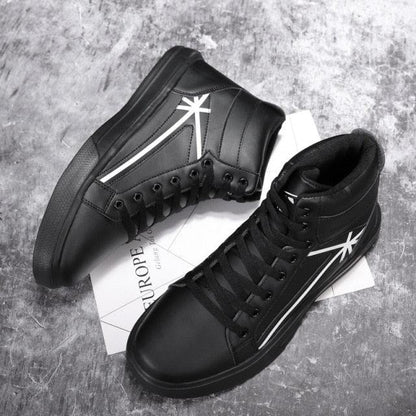 Men's Stevvex high top sneakers, black with Union Jack-inspired white stripes, two sneakers on Tampa Home & Garden Store