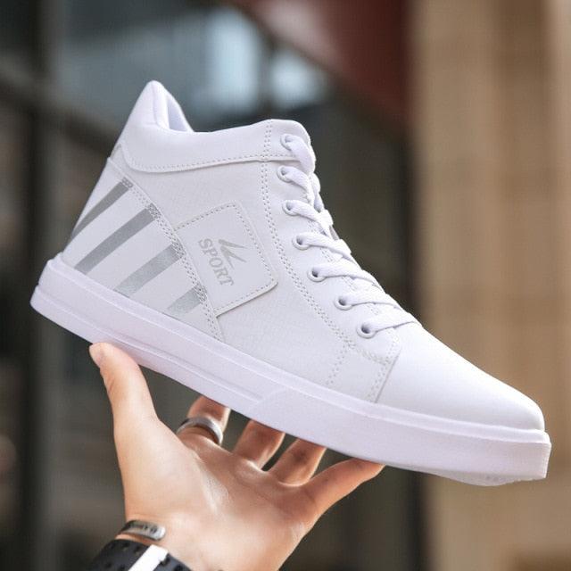 Men's breathable white high-top sneakers by Stevvex with grey side stripes ST85SH6656MKJ on Tampa Home & Garden Store