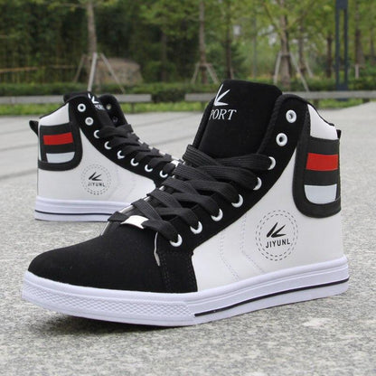 Men's high-top sneakers by Stevvex, black/white with logo patch, 2 sneakers on display on Tampa Home & Garden Store