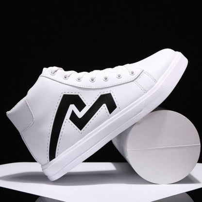 Men's breathable high-top sneakers by Stevvex, white with bold black logo M on side on Tampa Home & Garden Store