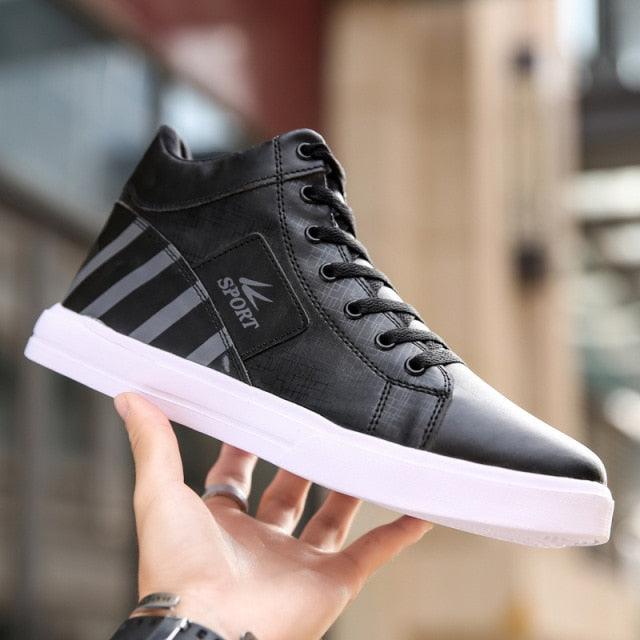 Men's breathable high-top sneakers, black upper with white sole and striped side panel on Tampa Home & Garden Store