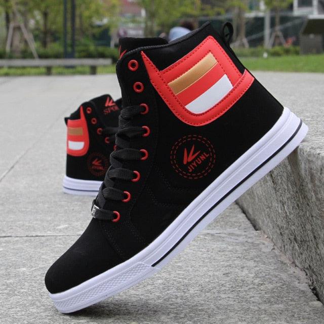 Men's Stevvex high-top sneakers black with red panel accents and white sole ST85SH6656MKJ on Tampa Home & Garden Store