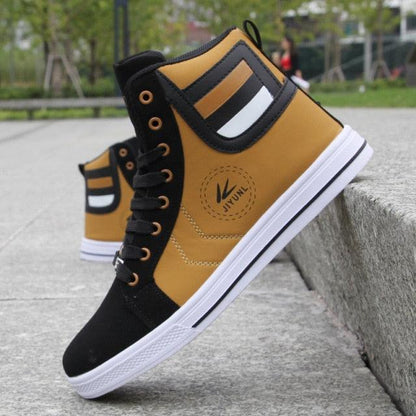 Stevvex men's breathable high-top sneakers, mustard yellow with black toe cap and white sole on Tampa Home & Garden Store