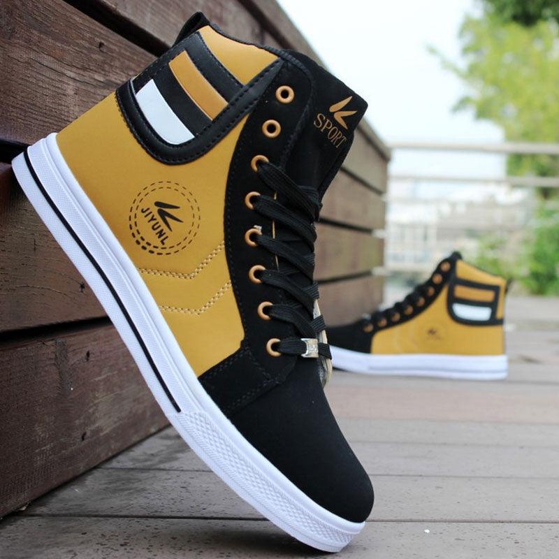 Men's breathable high top sneakers in yellow and black with white sole, Stevvex ST85SH6656MKJ on Tampa Home & Garden Store