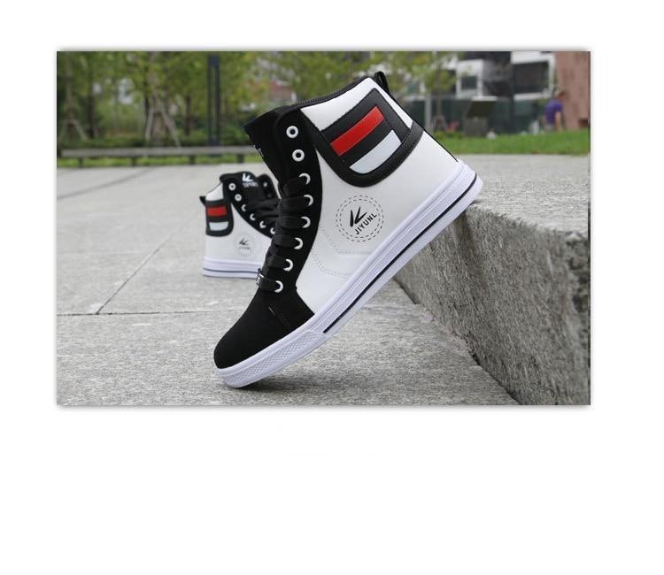 Men's Breathable High Top Casual Sneakers Stevvex, black and white with red accents, pair on Tampa Home & Garden Store