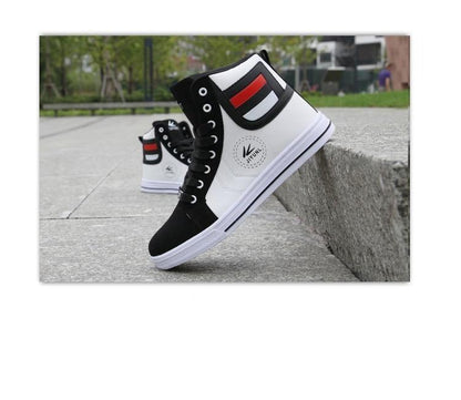 Men's Breathable High Top Casual Sneakers Stevvex, black and white with red accents, pair on Tampa Home & Garden Store