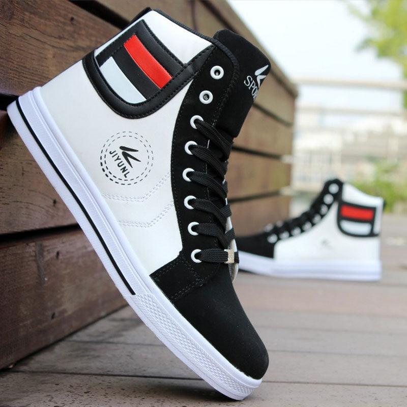 Men's Stevvex high-top sneakers pair in white/black with red accent and black laces on Tampa Home & Garden Store