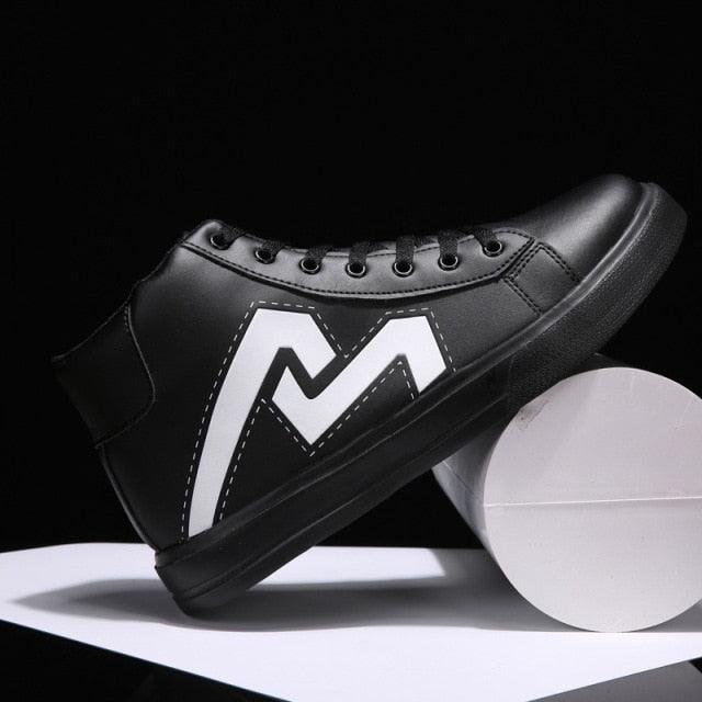 Stevvex Men's Breathable High Top Sneakers, black leather upper with white logo, lace-up on Tampa Home & Garden Store