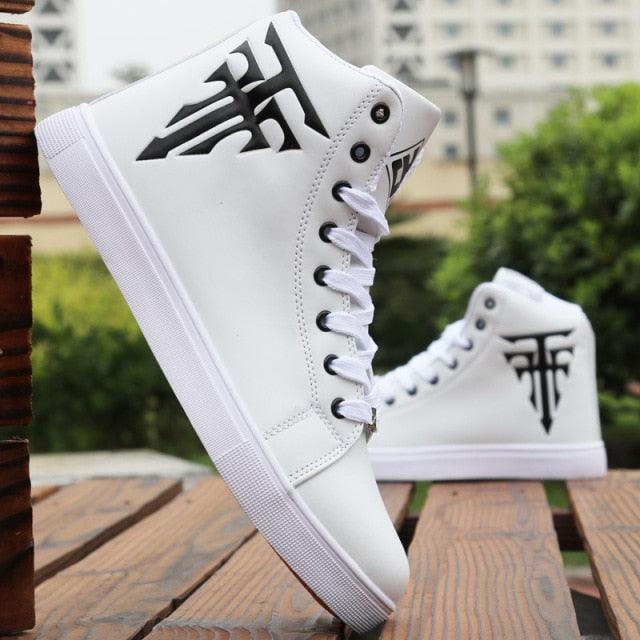 Men's Breathable High Top Casual Sneakers Stevvex white lace-up with black side logo on Tampa Home & Garden Store