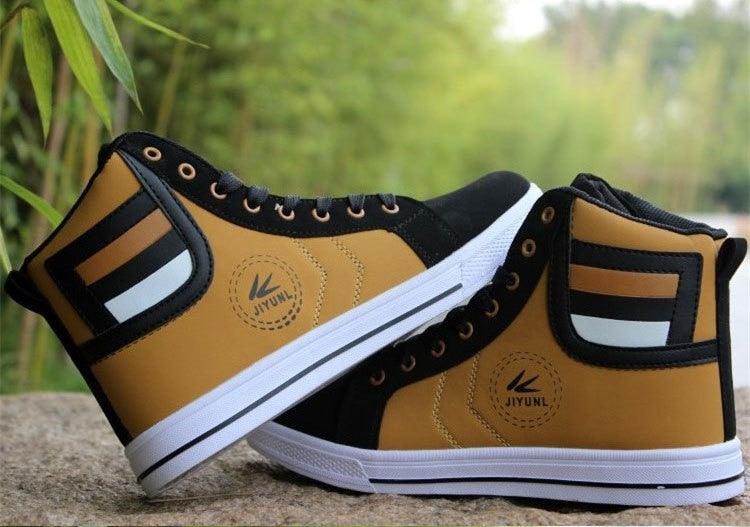 Men's breathable high-top sneakers pair in tan and black with white sole and JIYUN logo on side on Tampa Home & Garden Store