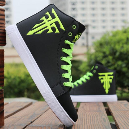 Men's Stevvex breathable hi-top sneakers pair, black with neon green laces and white sole on Tampa Home & Garden Store