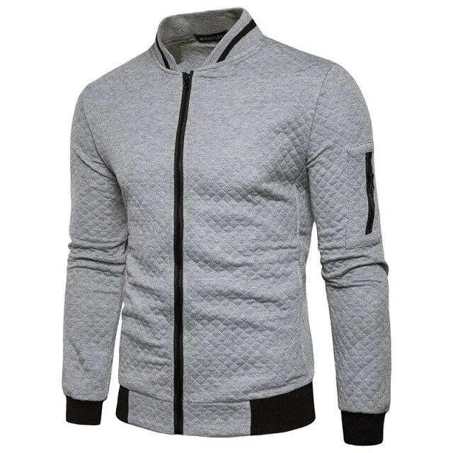 Men's quilted bomber jacket heather gray with black ribbed cuffs and front zip on Tampa Home & Garden Store