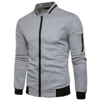 Men's quilted bomber jacket heather gray with black ribbed cuffs and front zip on Tampa Home & Garden Store