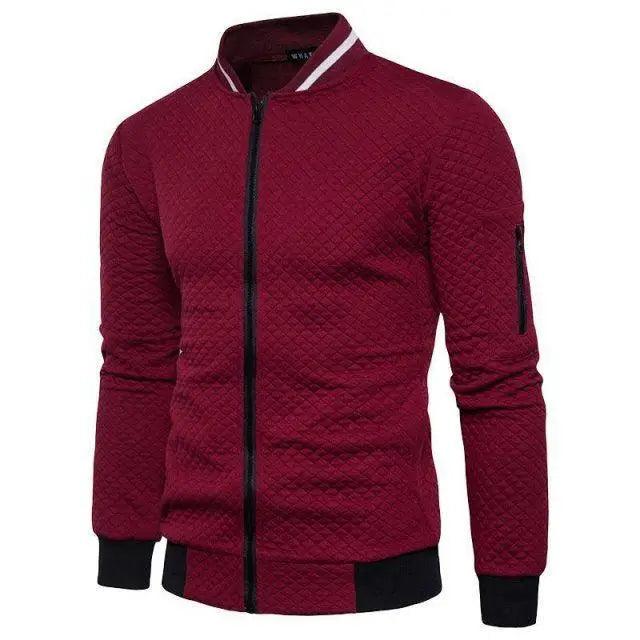 Men's burgundy quilted bomber jacket with black full-zip, ribbed cuffs and hem Stevvex on Tampa Home & Garden Store