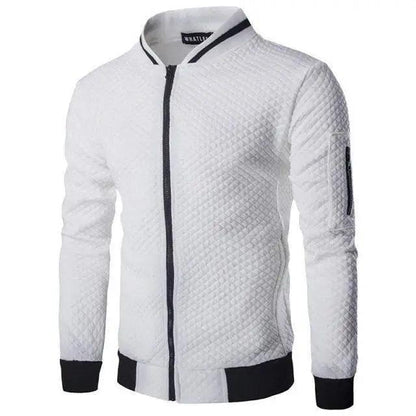 Men's Quilted Bomber Jacket white with black cuffs and zip front Stevvex sport jacket on Tampa Home & Garden Store
