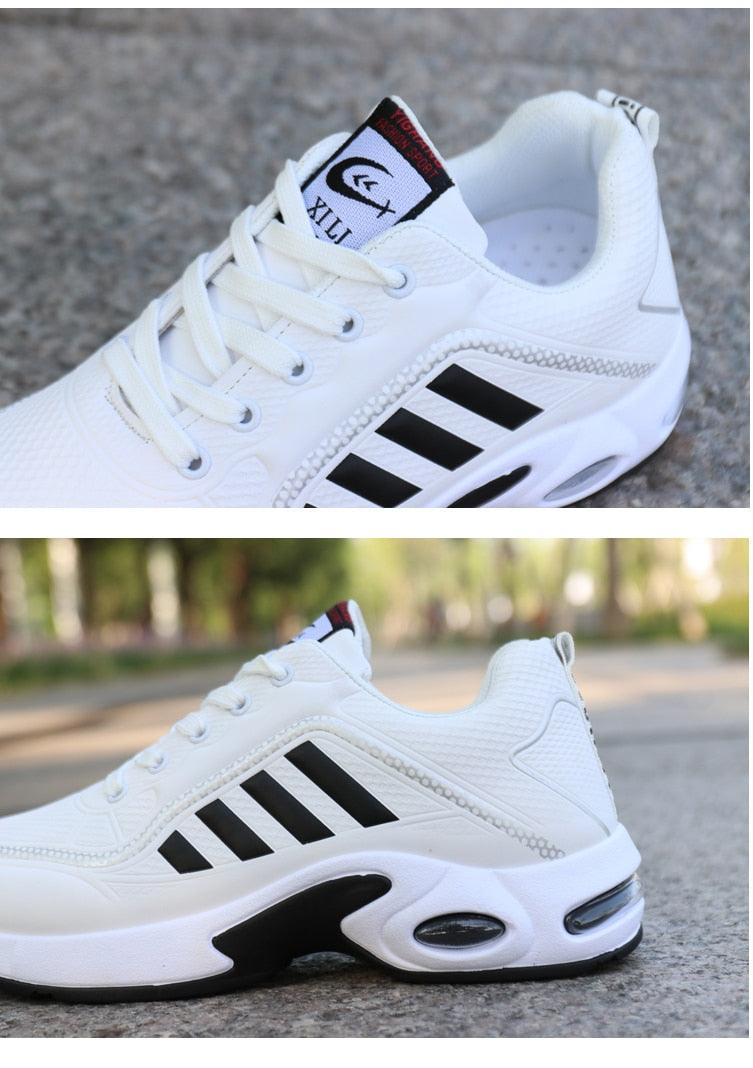 Stevvex men's white leather sneakers with black side stripes and chunky air-cushioned sole on Tampa Home & Garden Store