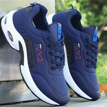 Men's Stevvex navy leather sneakers with white sole, lace-up casual running shoes on Tampa Home & Garden Store