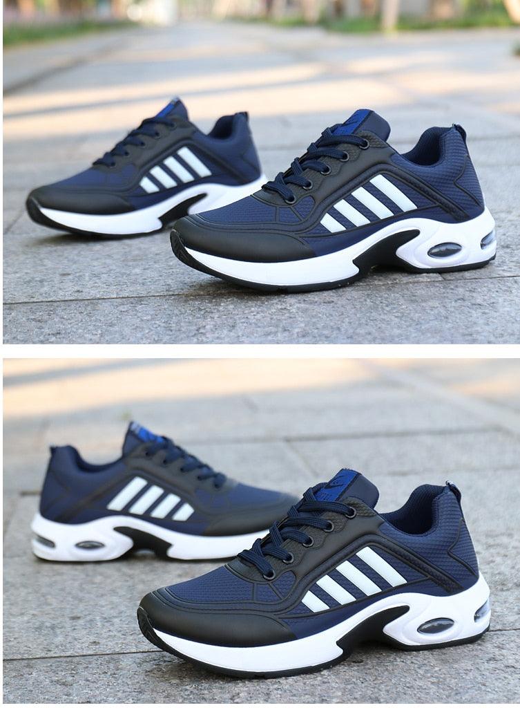 Stevvex men's navy leather sneakers with white stripes and chunky white sole (2 pairs) on Tampa Home & Garden Store