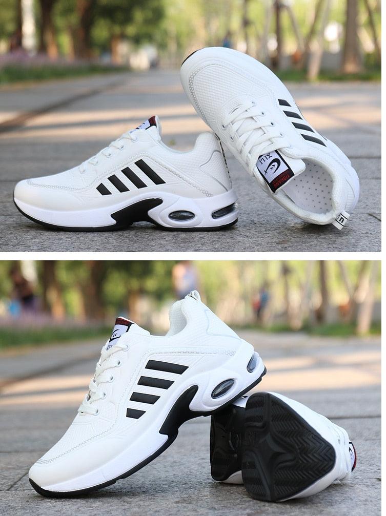 Stevvex men's white leather sneakers with black side stripes, cushioned sole, breathable upper pair on Tampa Home & Garden Store