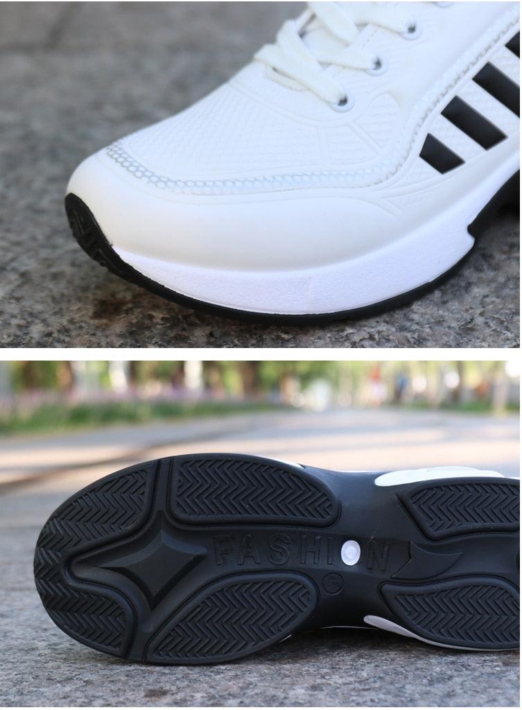 Stevvex men's white leather sneakers with black side stripes and chunky black outsole on Tampa Home & Garden Store