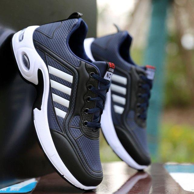 Men's Stevvex sneakers navy blue leather upper with white stripes pair lace-up chunky white sole on Tampa Home & Garden Store
