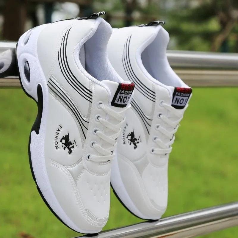 Men's Stevvex white leather sneakers with black trim, pair of casual training shoes on Tampa Home & Garden Store