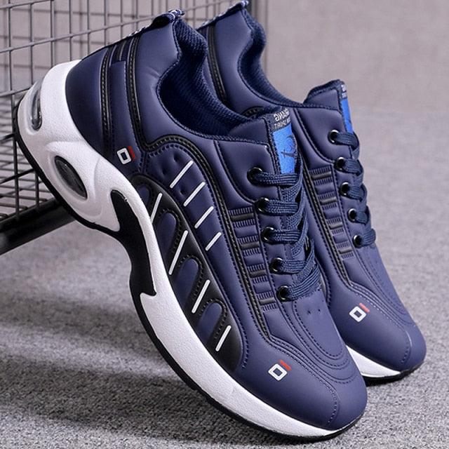 Men's leather sneakers Stevvex navy blue with white sole, breathable casual running shoes on Tampa Home & Garden Store