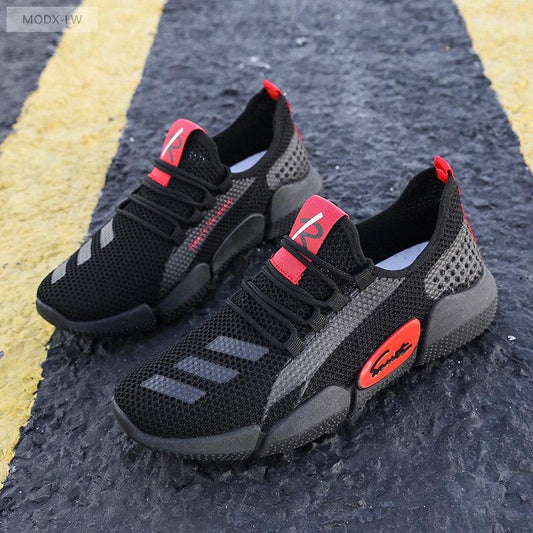 Stevvex men's lightweight running sneakers pair black breathable mesh with red accents on Tampa Home & Garden Store