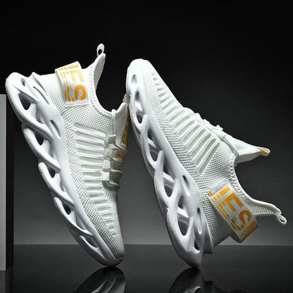 Men's luxury sneakers Stevvex white knit with yellow logo accents and hollow sole two sneakers on Tampa Home & Garden Store