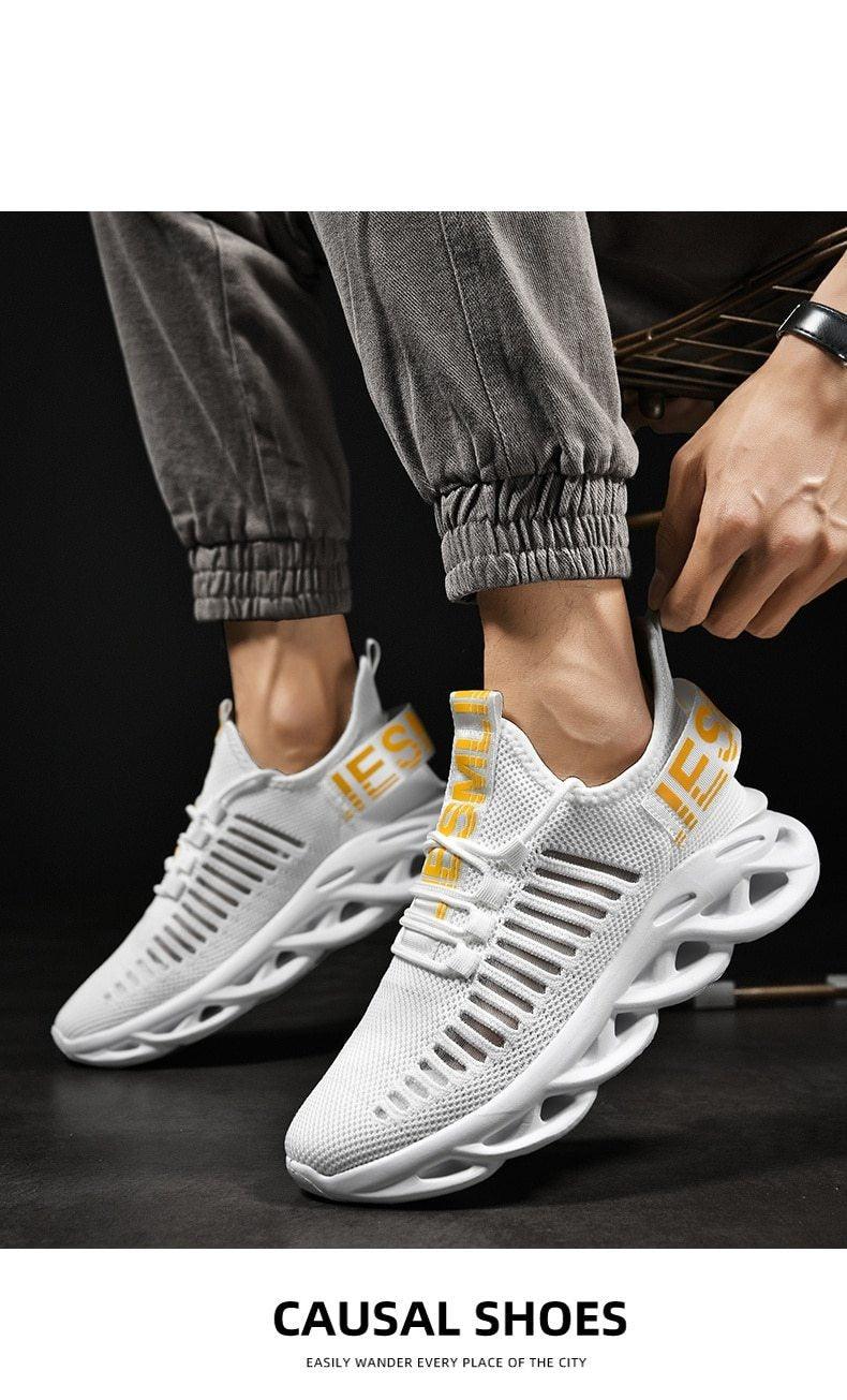 Men's luxury sneakers Stevvex white knit upper with yellow branding, pair on Tampa Home & Garden Store