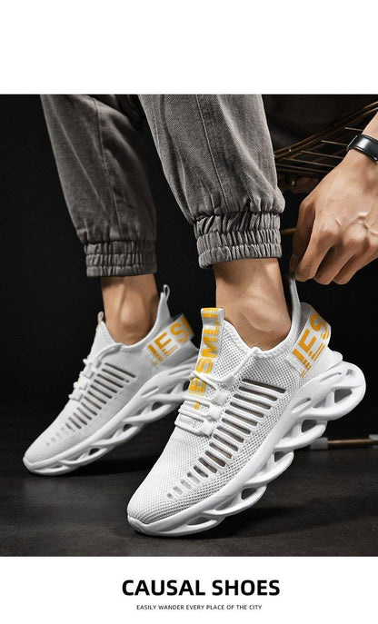 Men's luxury sneakers Stevvex white knit upper with yellow branding, pair on Tampa Home & Garden Store