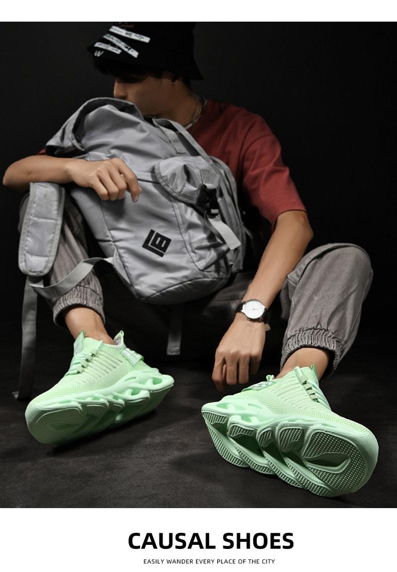 Stevvex men's sneakers mint green breathable knit upper with chunky rubber sole, pair on Tampa Home & Garden Store