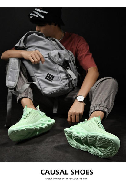 Stevvex men's sneakers mint green breathable knit upper with chunky rubber sole, pair on Tampa Home & Garden Store
