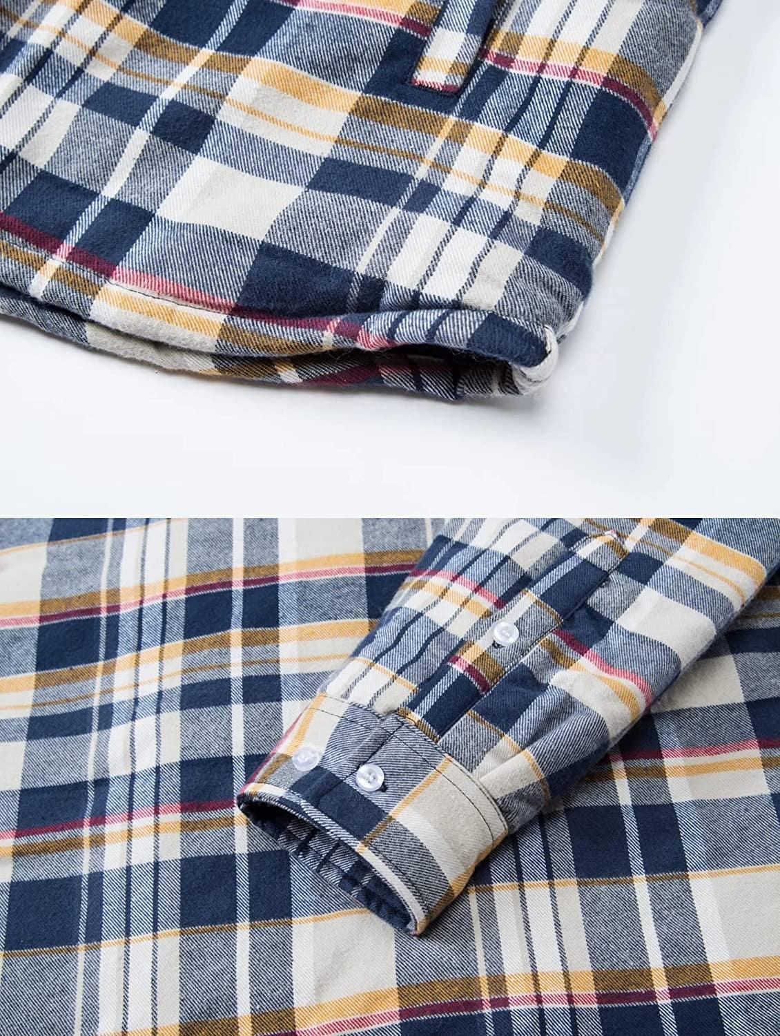 Mens plaid flannel shirt jacket by Stevvex, navy white mustard plaid, button cuff details on Tampa Home & Garden Store
