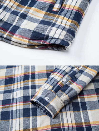Mens plaid flannel shirt jacket by Stevvex, navy white mustard plaid, button cuff details on Tampa Home & Garden Store