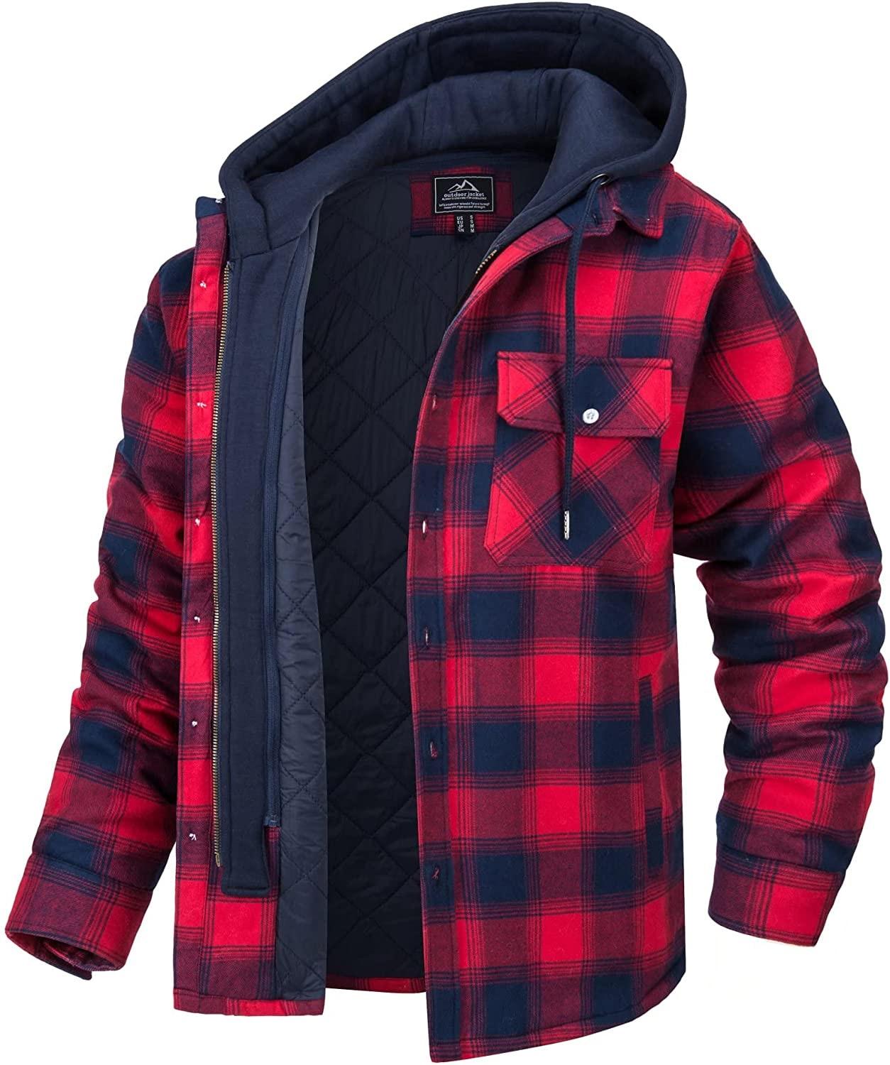 Men's red plaid hooded puffer jacket by Stevvex with navy quilted lining on Tampa Home & Garden Store