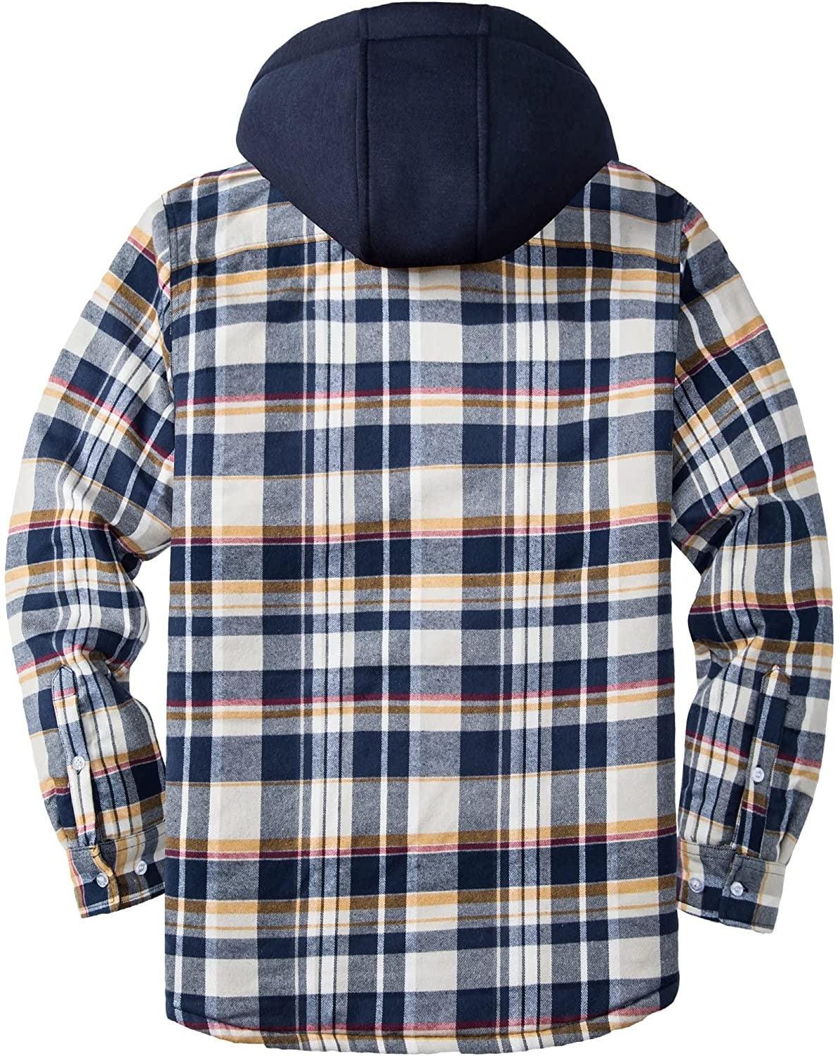 Stevvex men's plaid shirt jacket with removable navy hood, warm outdoor coat, long sleeves on Tampa Home & Garden Store